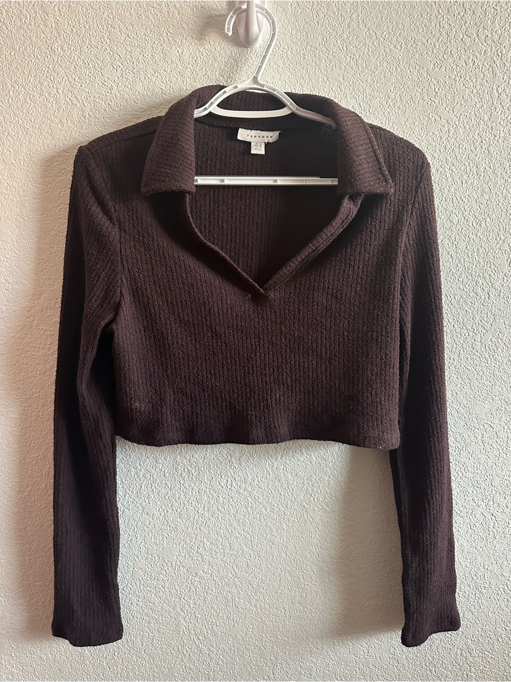 Topshop Chocolate Brown Cropped Collared Long-Sleeve Top
